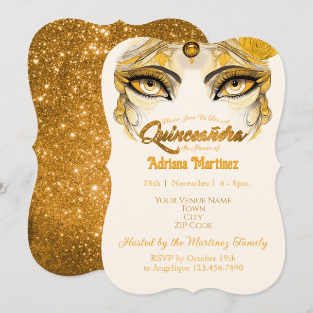 Quinceañera Invitation Gold Glitter (Front/Back)