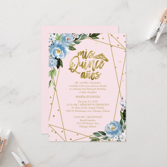 Quinceanera Invitation Gold Pink Floral (Front/Back In Situ)