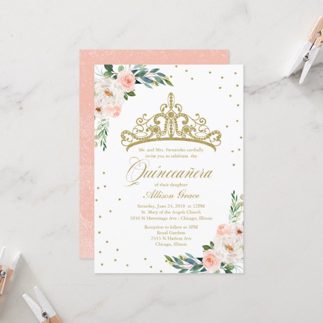 Quinceanera Invitation Gold Tiara And Pink Flowers (Front/Back In Situ)