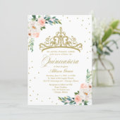 Quinceanera Invitation Gold Tiara And Pink Flowers (Standing Front)