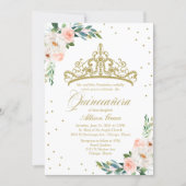 Quinceanera Invitation Gold Tiara And Pink Flowers (Front)