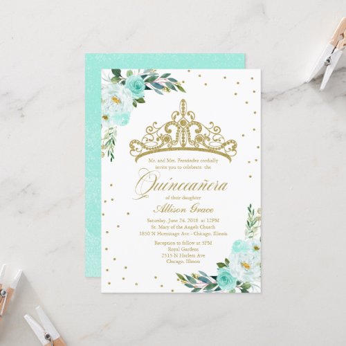Quinceanera Invitation Gold Tiara And Teal Flowers