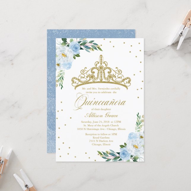 Quinceanera Invitation Gold Tiara Baby Blue Floral (Front/Back In Situ)