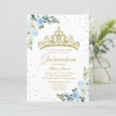 Quinceanera Invitation Gold Tiara Baby Blue Floral (Standing Front)