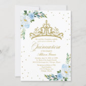 Quinceanera Invitation Gold Tiara Baby Blue Floral (Front)