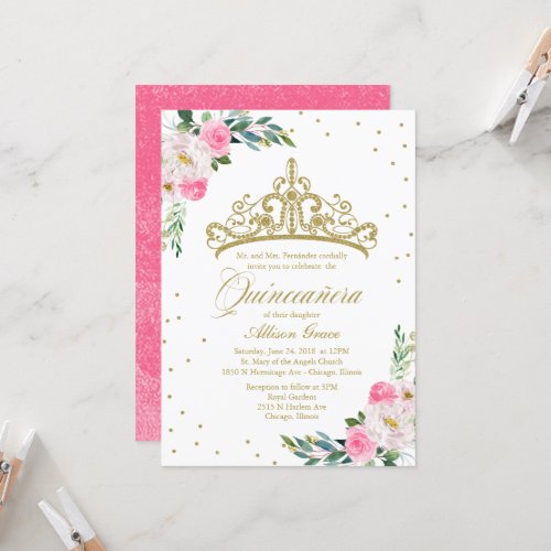 Quinceanera Invitation Gold Tiara Hot Pink Flowers