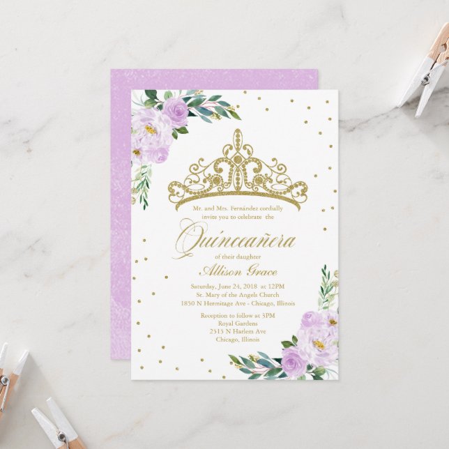 Quinceanera Invitation Gold Tiara Lilac Flowers (Front/Back In Situ)