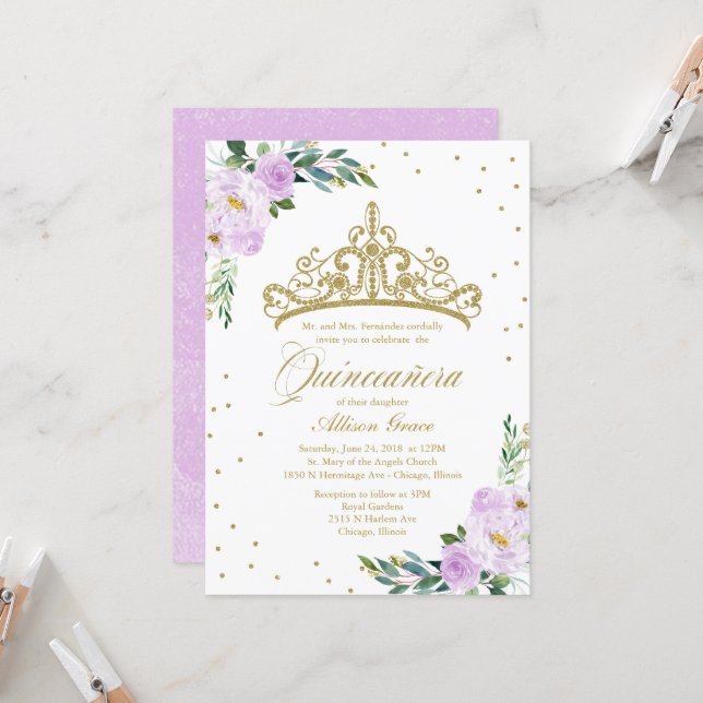 Quinceanera Invitation Gold Tiara Lilac Flowers (Front/Back In Situ)