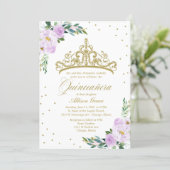 Quinceanera Invitation Gold Tiara Lilac Flowers (Standing Front)