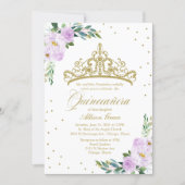 Quinceanera Invitation Gold Tiara Lilac Flowers (Front)