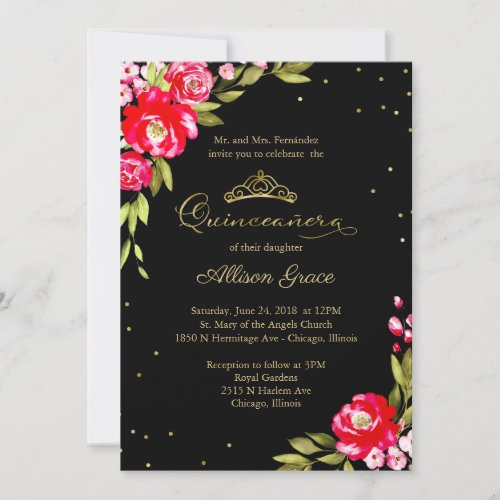 Quinceanera Invitation Hot Pink Floral On Black