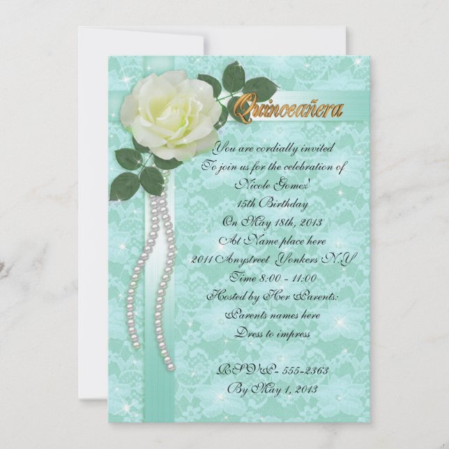 Quinceanera Invitation lace and white rose (Front)