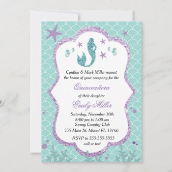 Quinceañera Invitation Mermaid Purple Teal by pinkthecatdesign at Zazzle