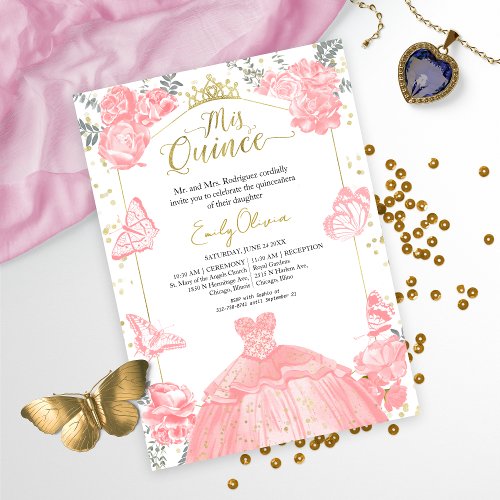 Quinceanera Invitation Pink Dress Floral Gold Foil