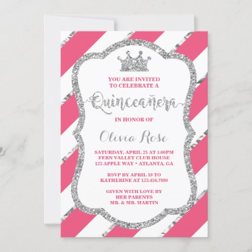 Quinceaera Invitation Pink Silver Crown Invitation