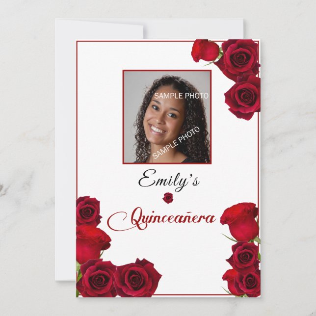 Quinceanera Invitation Pretty Red Roses  (Front)
