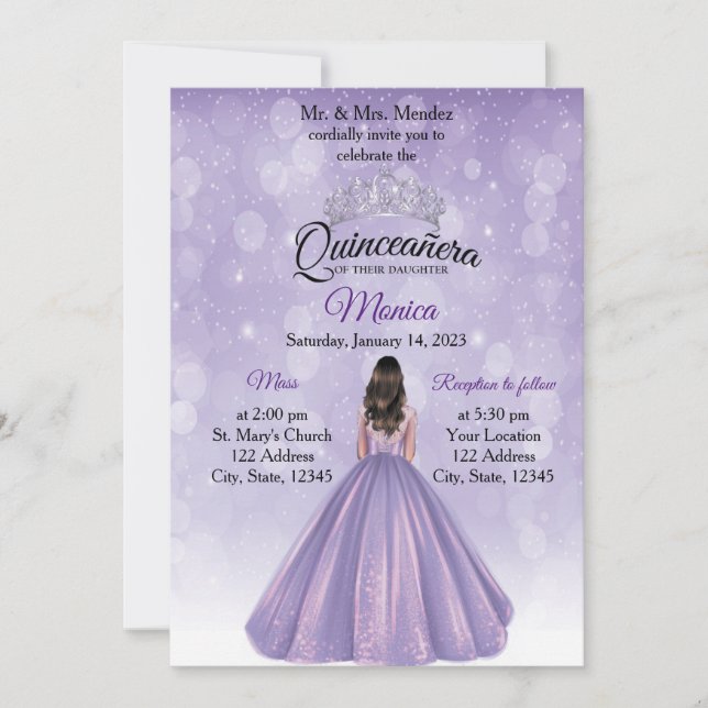 Quinceañera invitation Purple and Silver (Front)
