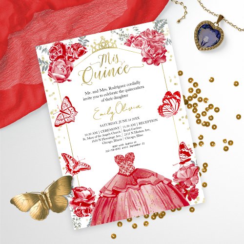 Quinceanera Invitation Red Dress Floral Gold Foil
