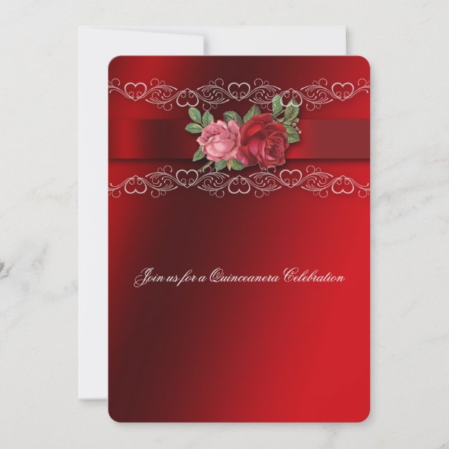 Quinceanera Invitation Red Pink Roses, Lace (Front)