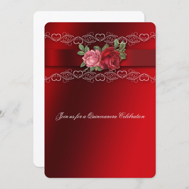 Quinceanera Invitation Red Pink Roses, Lace (Front/Back)