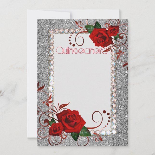 Quinceanera Invitation Red Rose Glitter Photo CSTM (Front)