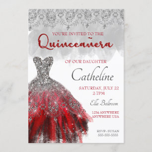 Quinceanera Invitation red silver 15th birthday