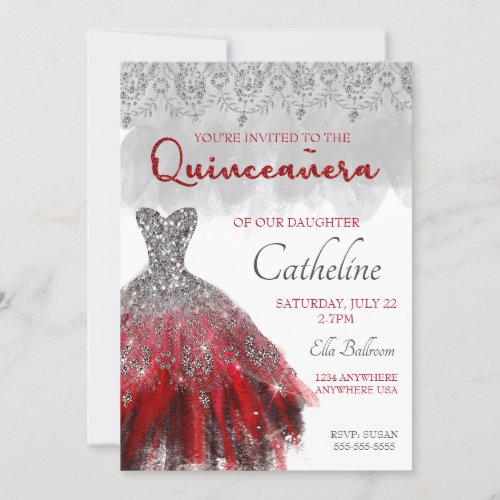 Quinceanera Invitation red silver 15th birthday