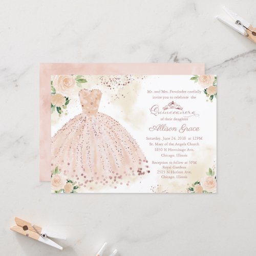 Quinceanera Invitation Rose Gold Pink Blush Gown