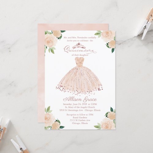 Quinceanera Invitation Rose Gold Pink Blush Gown