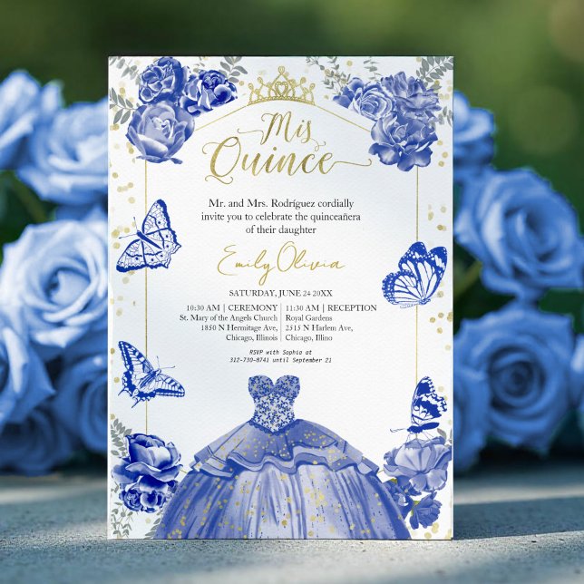 Quinceanera Invitation Royal Blue Dress Floral (Creator Uploaded)