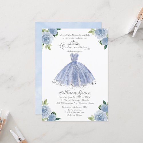 Quinceanera Invitation Silver Blue Floral Gown