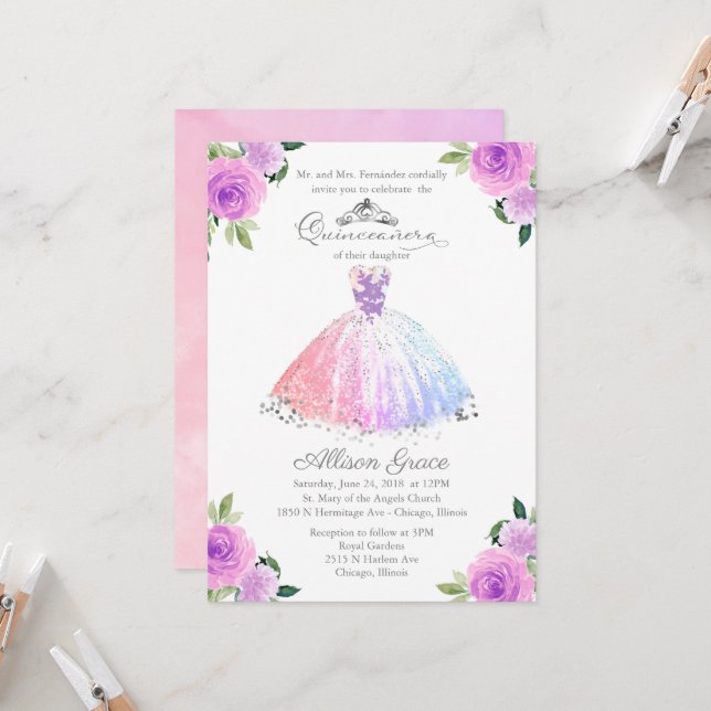 Quinceanera Invitation Silver Colorful Floral Gown (Front/Back In Situ)