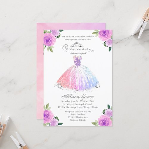 Quinceanera Invitation Silver Colorful Floral Gown