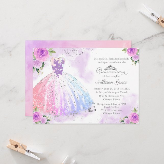 Quinceanera Invitation Silver Pastel Color Gown (Front/Back In Situ)