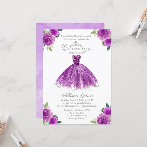 Quinceanera Invitation Silver Purple Floral Gown