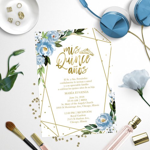 Quinceanera Invitation Spanish Blue Gold Foil