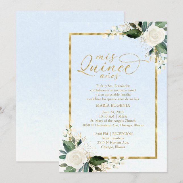 Quinceanera Invitation Spanish Blue Gold Foil (Front/Back)