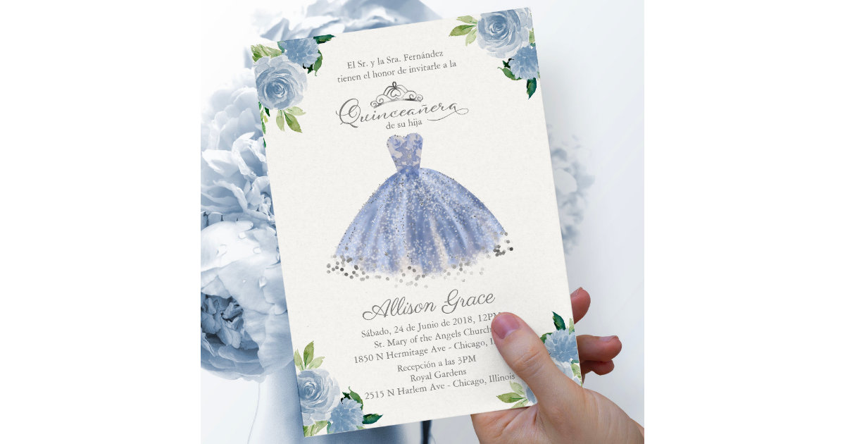 Gold and Blue Glitter Quinceanera Invitations, Blue Quinceañera