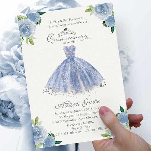 Quinceanera Invitation Spanish Blue Gown Floral