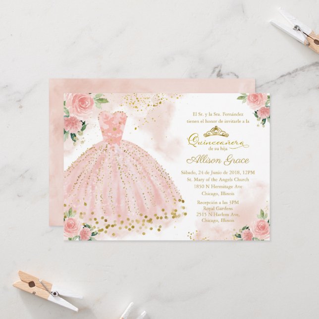 Quinceanera Invitation Spanish Blush Gold Foil (Front/Back In Situ)