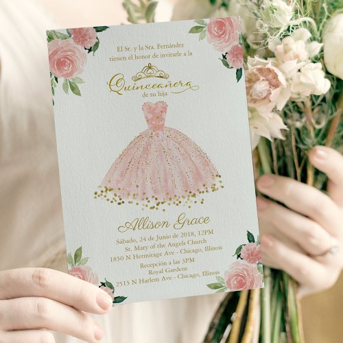 Quinceanera Invitation Spanish Blush Gown Floral