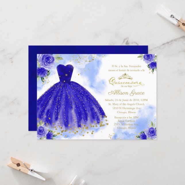 Quinceanera Invitation Spanish Gold Royal Blue (Front/Back In Situ)