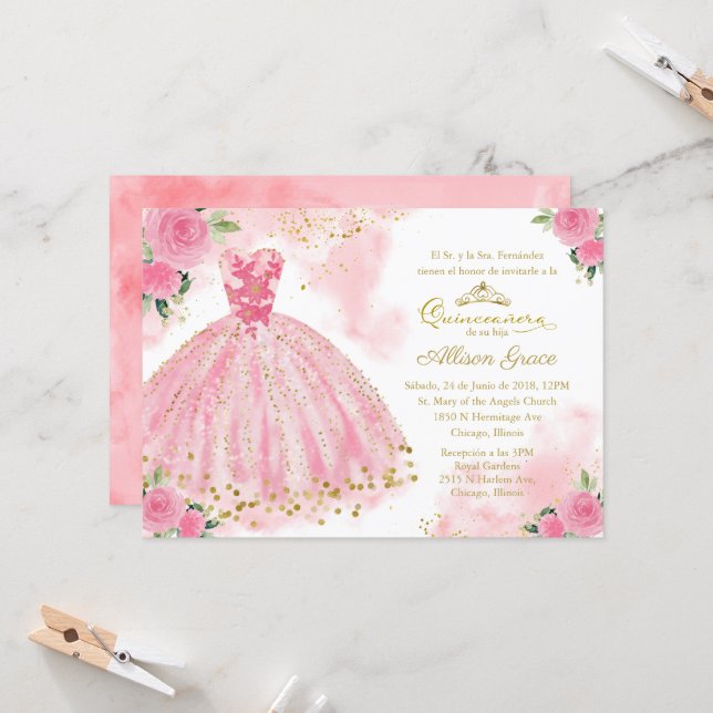 Quinceanera Invitation Spanish Hot Pink Gold (Front/Back In Situ)