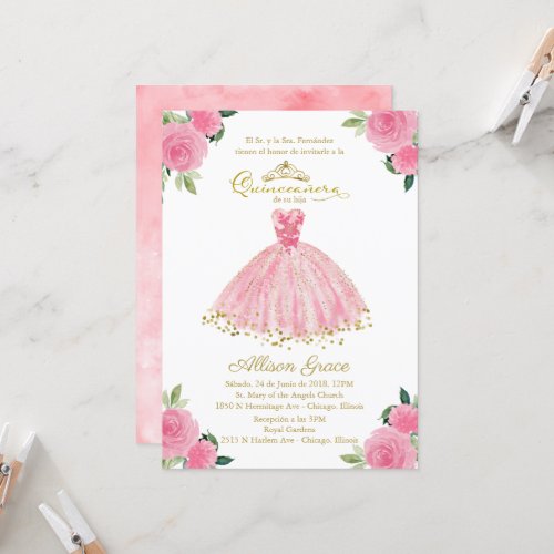 Quinceanera Invitation Spanish Hot Pink Gown