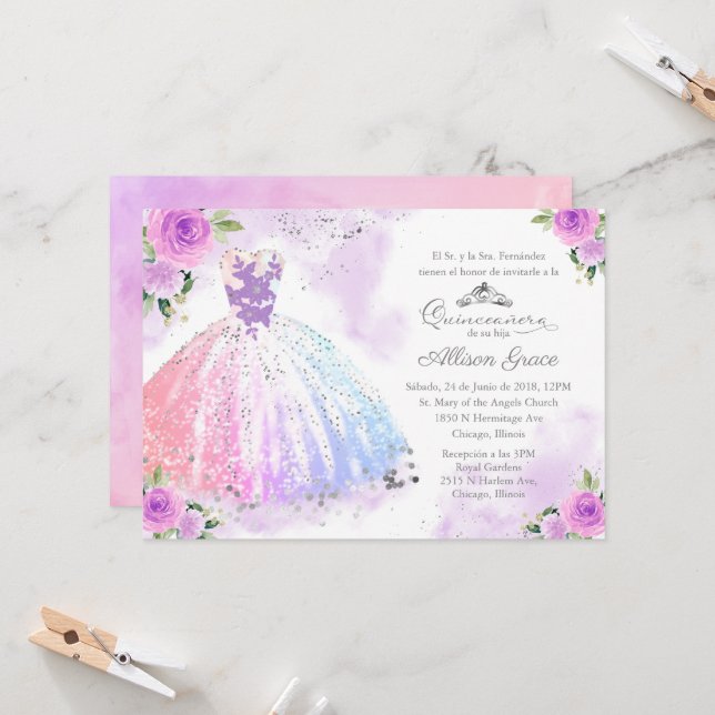 Quinceanera Invitation Spanish Pastel Color Gown (Front/Back In Situ)