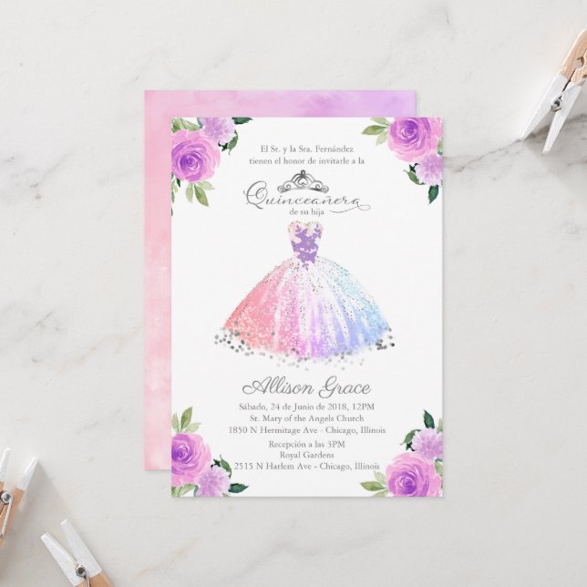 Quinceanera Invitation Spanish Pastel Colors Gown (Front/Back In Situ)