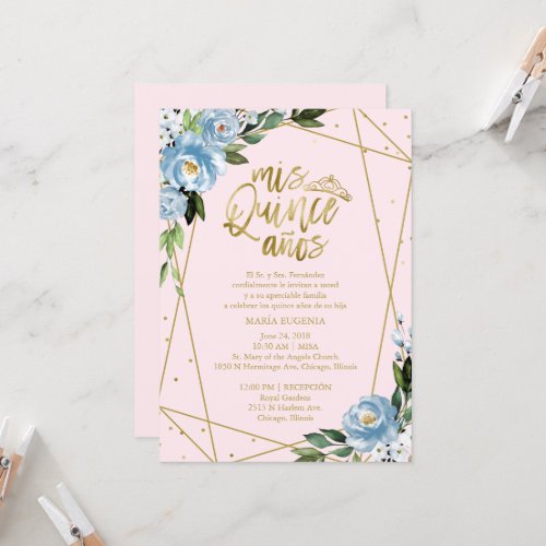 Quinceanera Invitation Spanish Pink Blue Gold Foil