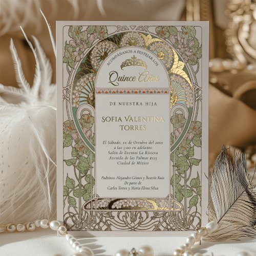 Quinceanera Invitation Spanish Sage Green Dusty Ro Foil Invitation