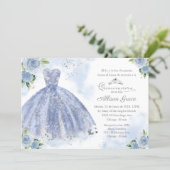 Quinceanera Invitation Spanish Silver Blue Gown (Standing Front)