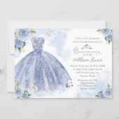 Quinceanera Invitation Spanish Silver Blue Gown (Front)